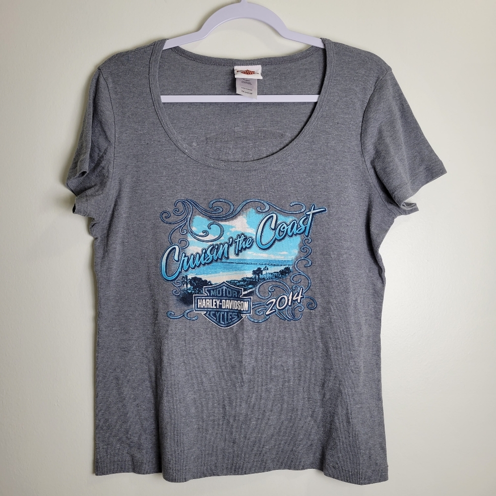 HARLEY DAVIDSON Crusin the Coast 2014 Print Scoopneck Short‎ Sleeve Grey Tee XXL